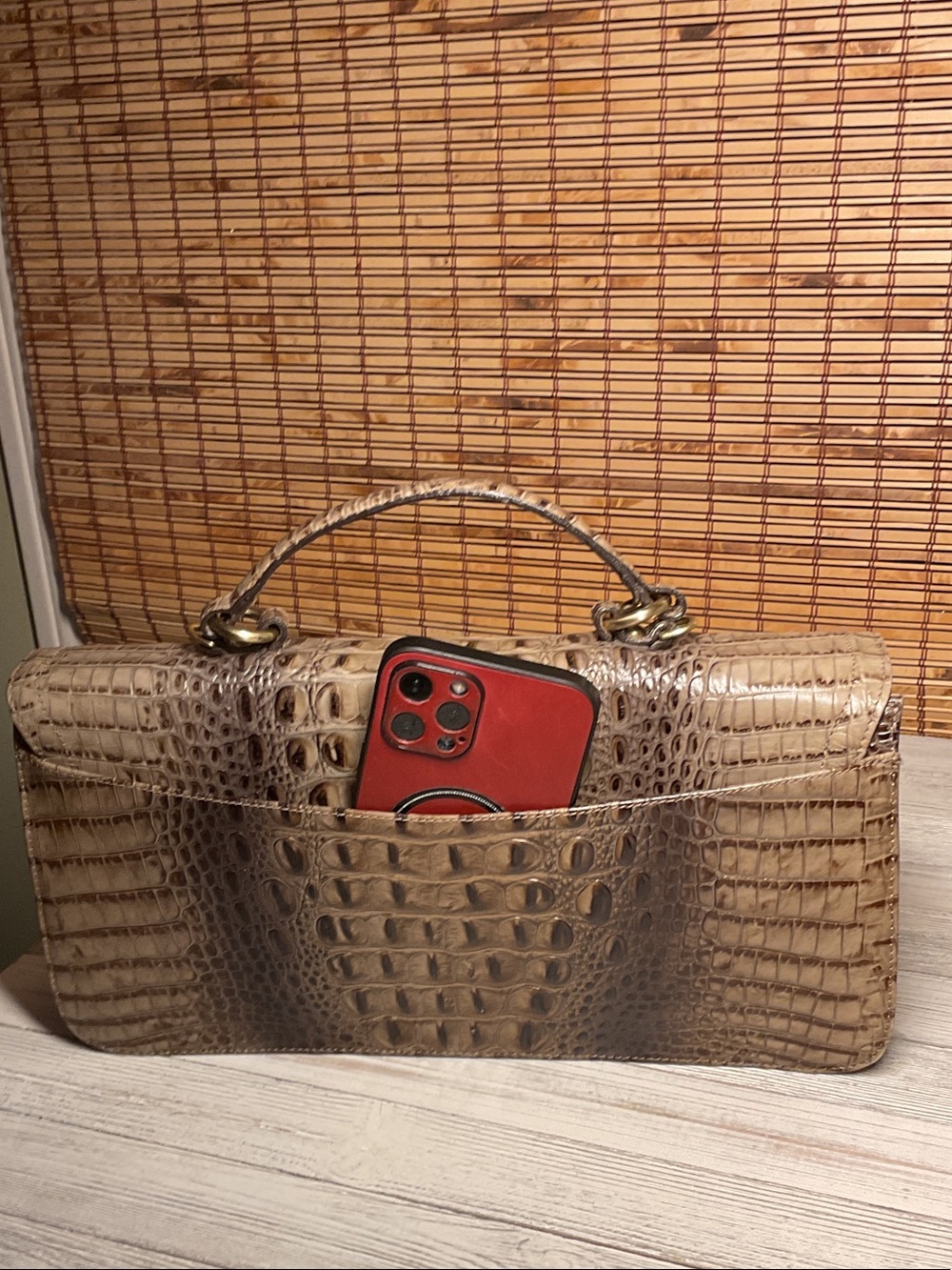 Vintage Brahmin satchel Melbourne taupe and brown crocodile-embossed leather EUC - Picture 4 of 9